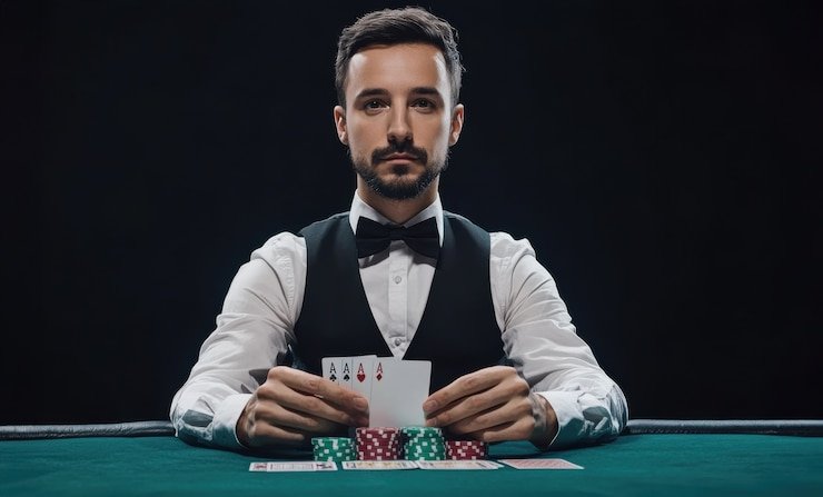 Antarmuka meja blackjack langsung dengan dealer profesional di studio beton 88